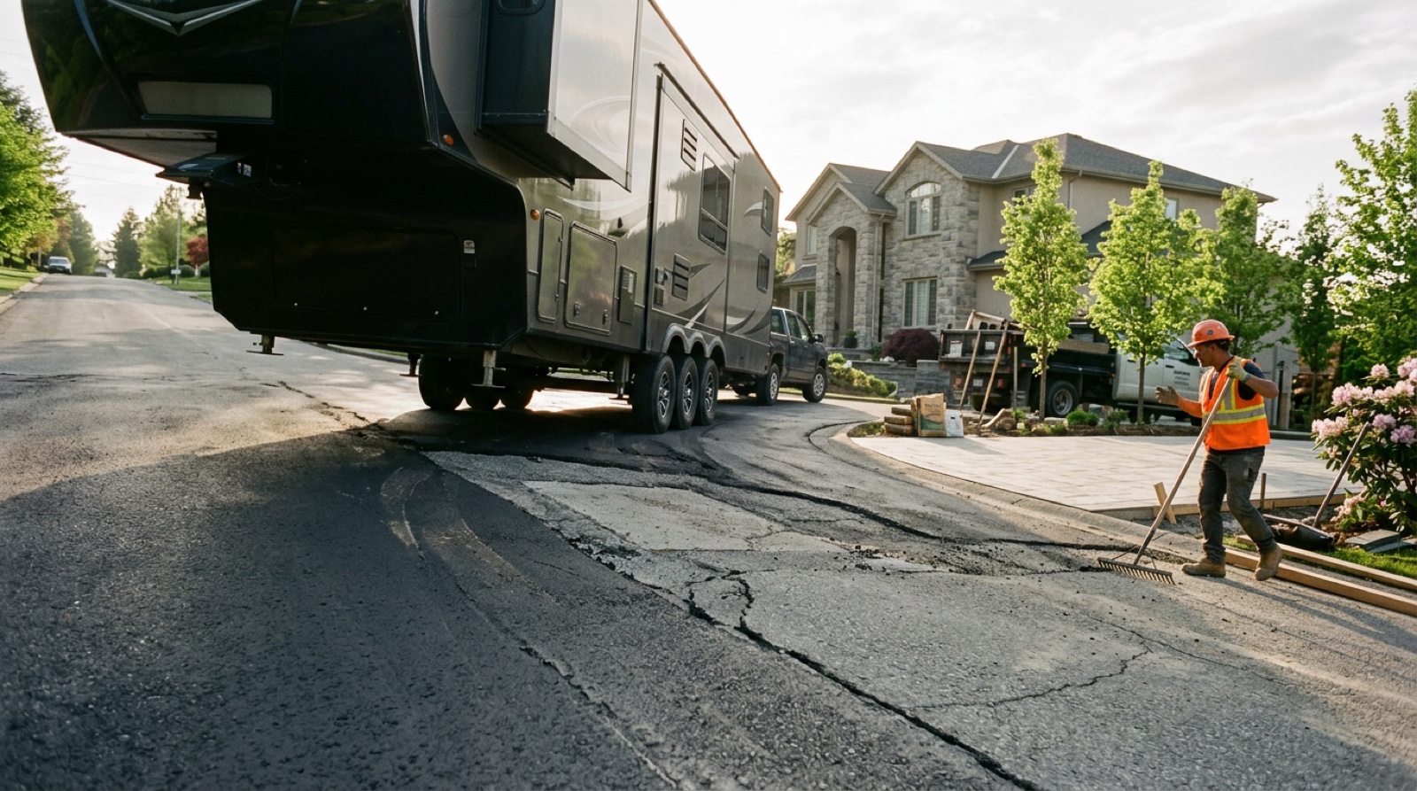 Park Season Is Here What a Loaded Camper Does to Your Driveway